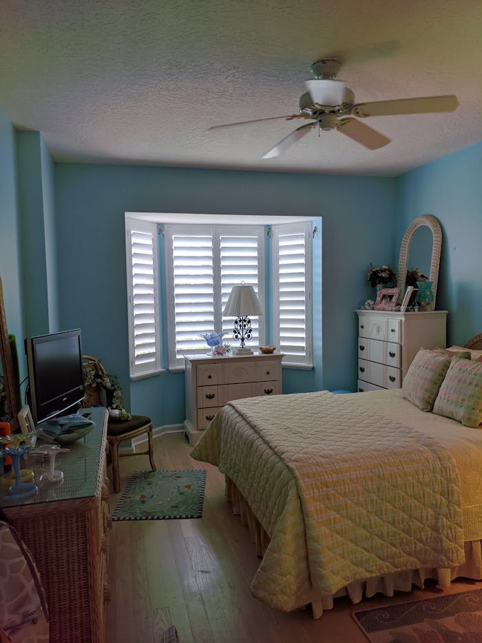 Inviting bedroom featuring blue walls, natural light, and elegant decor.